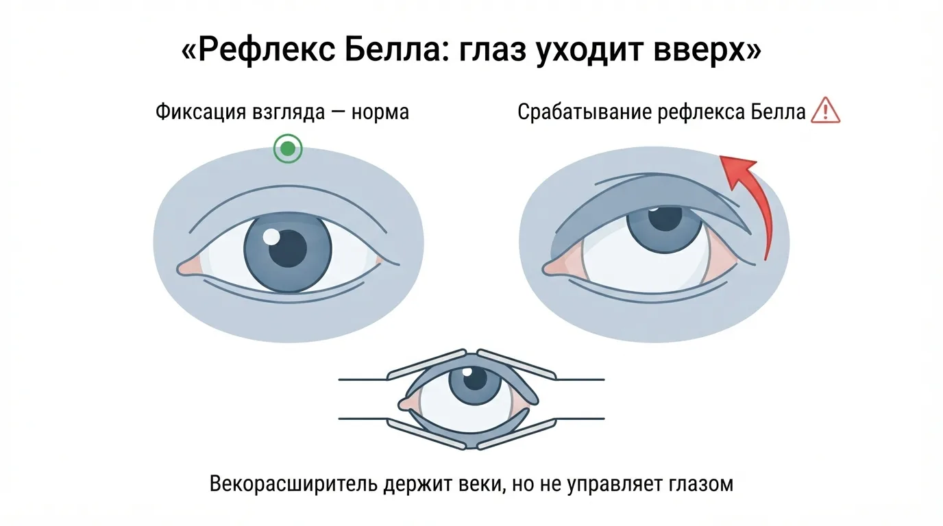 Рефлекс Белла: схема движения глаза вверх под векорасширителем