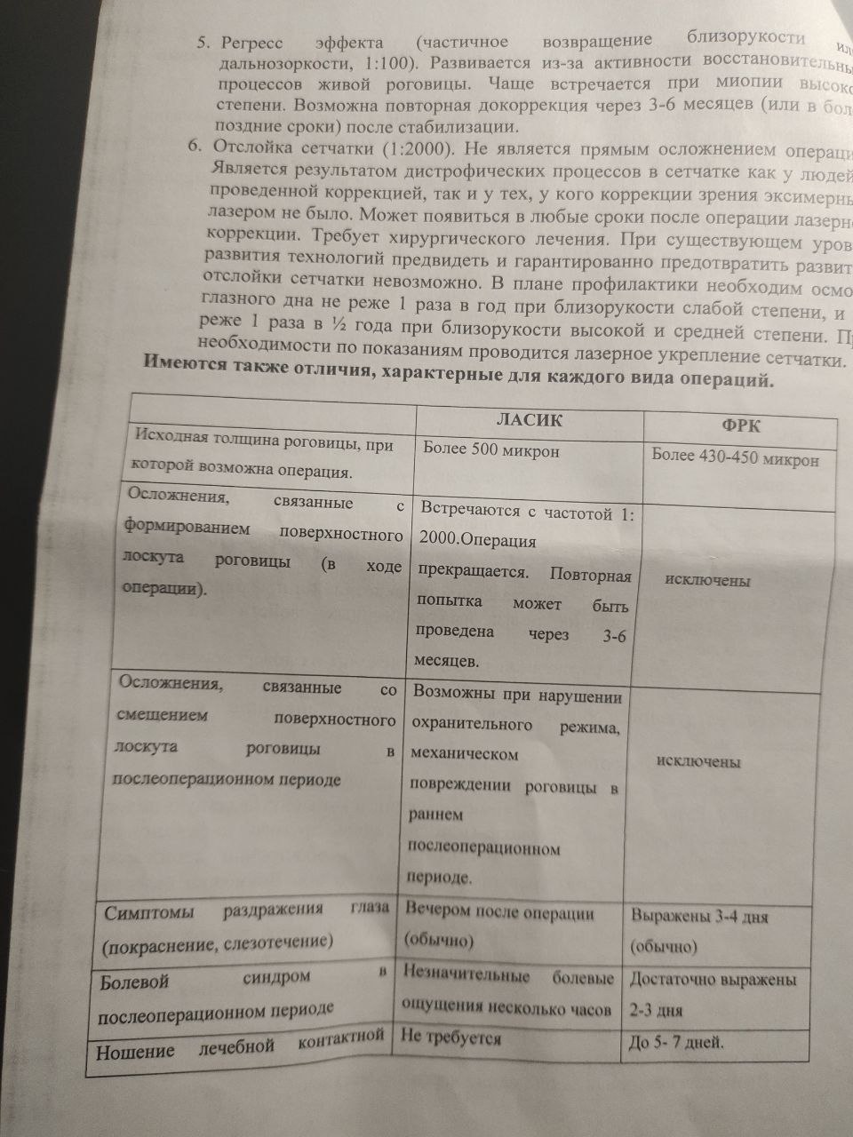 Таблица LASIK vs ФРК из согласия, часть 1: лоскут, боль, линзы