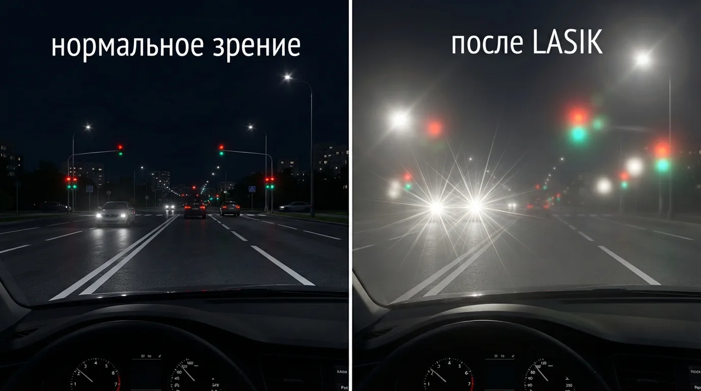 Сравнение: как видит дорогу ночью человек с нормальным зрением и после LASIK — старберсты, гало, засветы
